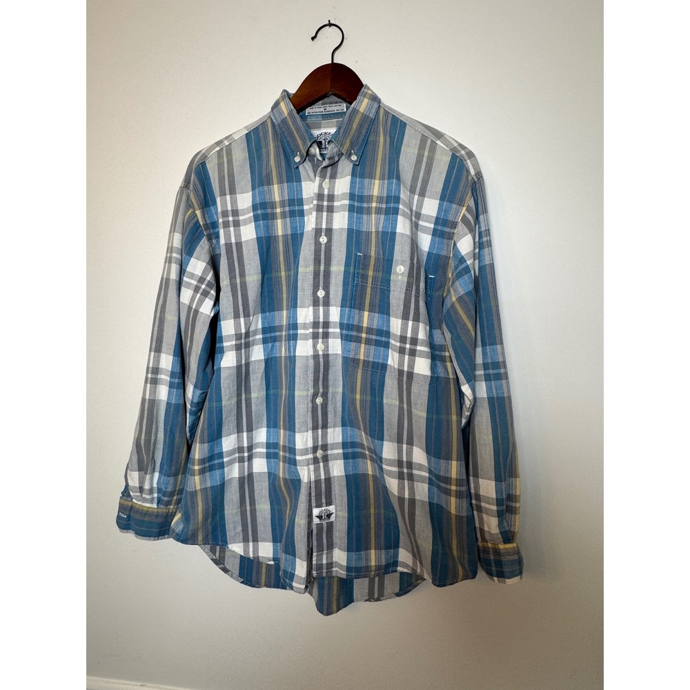 Vintage Dockers Levi's Mens Medium Blue Plaid Cotton Button Down Shirt Long SLV‎